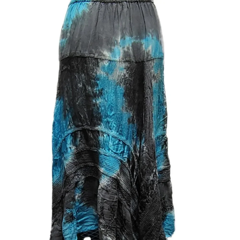 Boho‎ Tie Dye Midi Skirt Large Asymmetrical Blue Gray Hippie Flowy